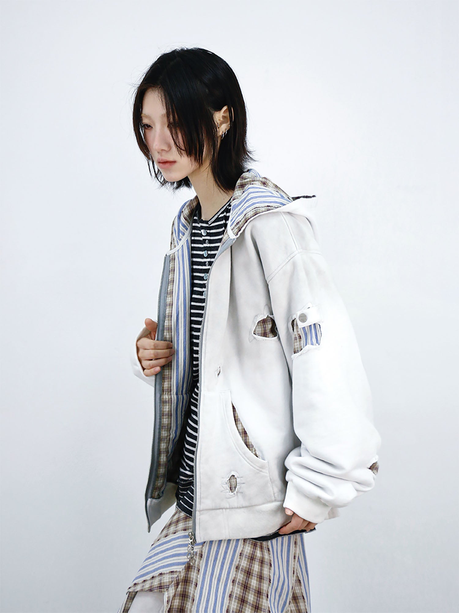 RELABEL Distressed Plaid Cut-Out Layered Hooded Jacket-Jacket-XS (Preorder)-Free Shipping Leatheretro