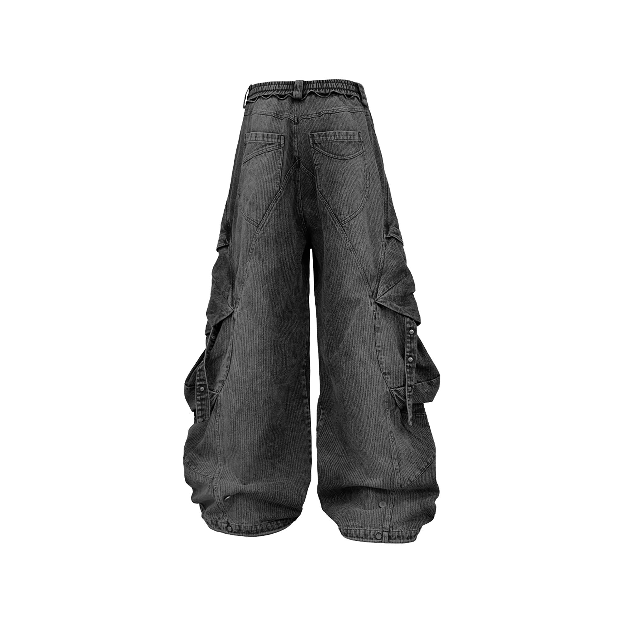 RELABEL Washed Paneled Strap Oversized Cargo Jeans Black-Jeans-XS-Free Shipping Leatheretro