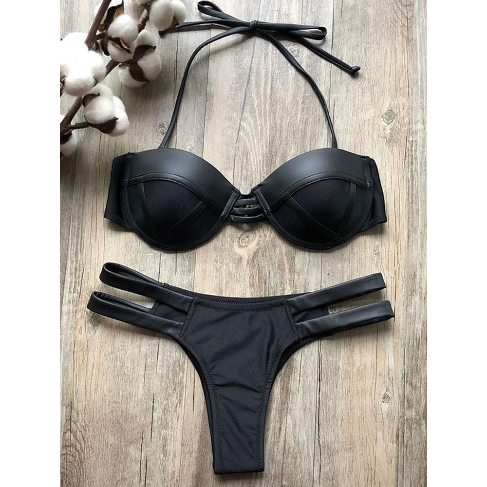 Plain Lace-Up Balconette Bikini Swimsuit-Women Swimwear-BLACK-M-Free Shipping Leatheretro