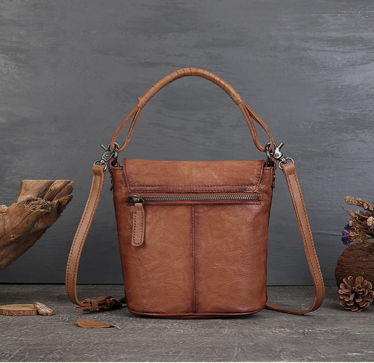 Vintage Bucket Bag – Full-Grain Leather Mix-and-Match Crossbody Tote Bags-crossbody bags-Black-Free Shipping Leatheretro