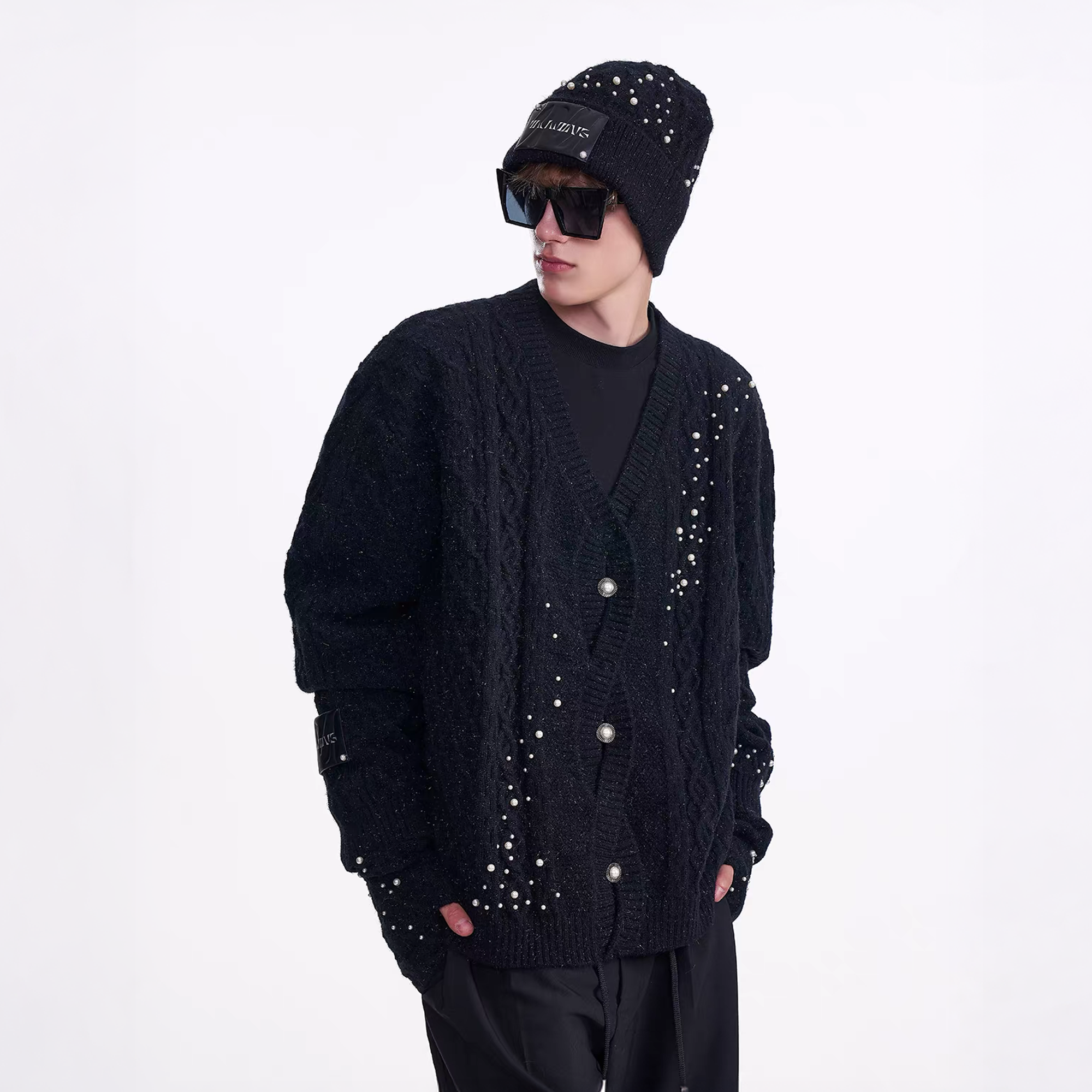 TIWILLTANG Pearl-Embellished Cable Knit Cardigan