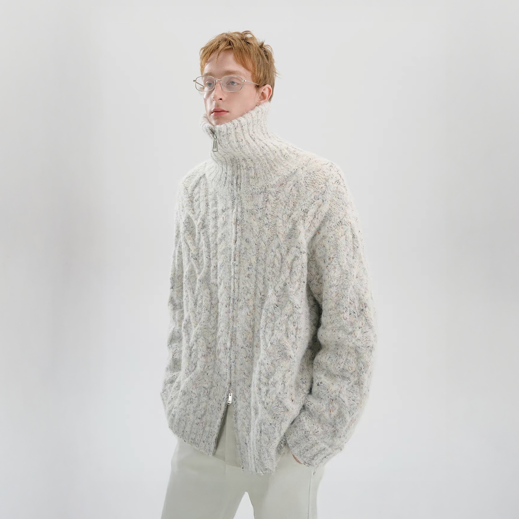 TIWILLTANG Dual-Zipper Cable Knit Funnel Sweater