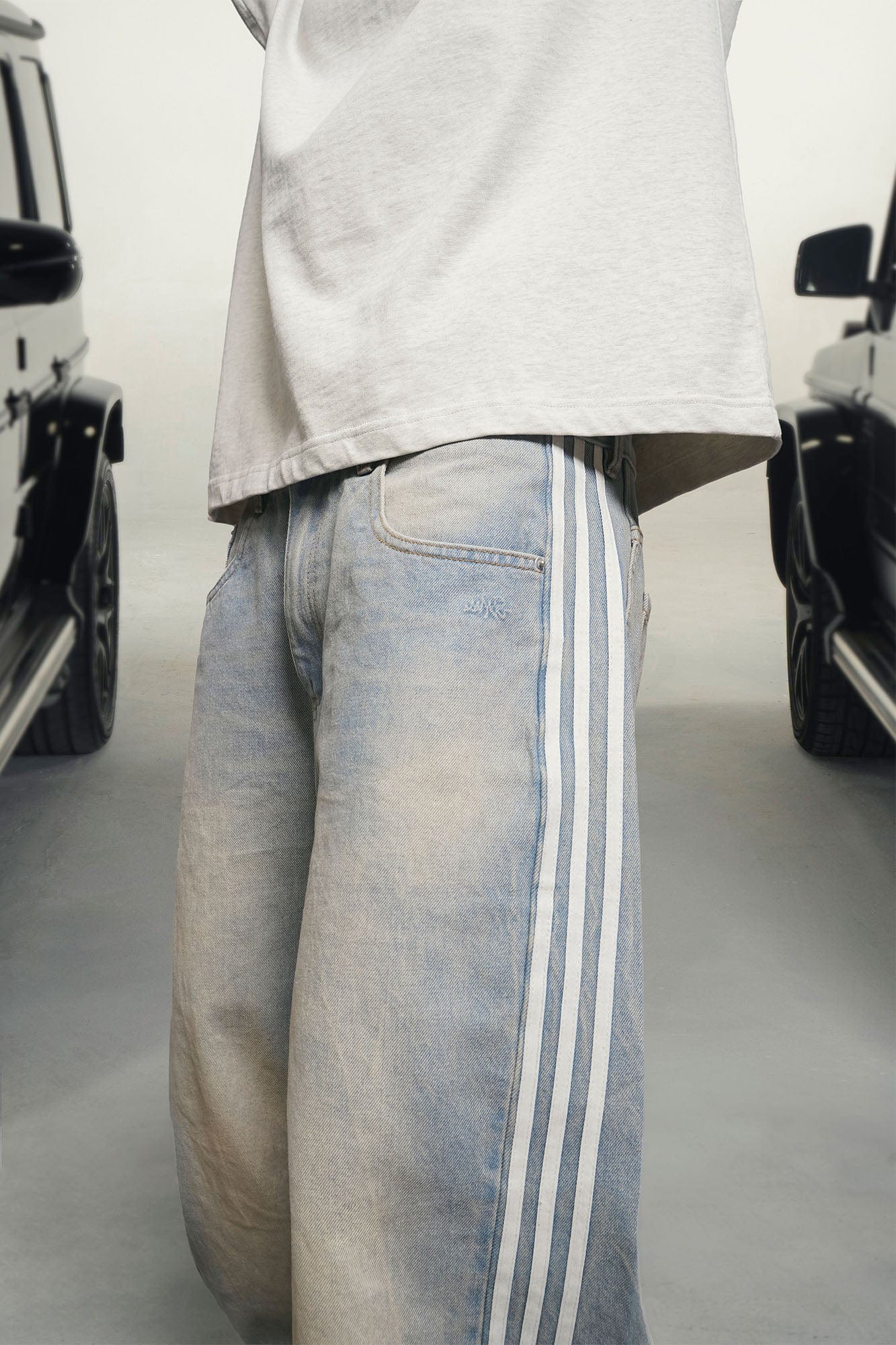 MAKEMORE Retro Washed Stripe Pleated Knees Jeans-Jeans-S-Blue-Free Shipping Leatheretro