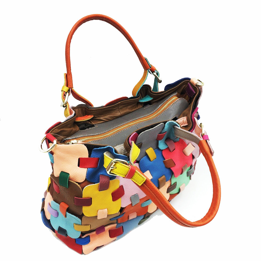 Fashion Women's Handmade Colorful Patchwork Square Handbag-彩色-Free Shipping Leatheretro