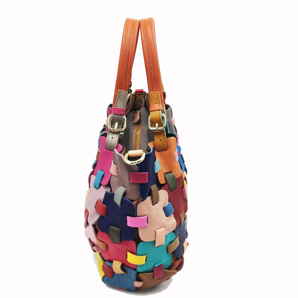 Fashion Women's Handmade Colorful Patchwork Square Handbag-彩色-Free Shipping Leatheretro