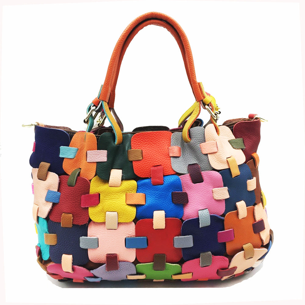 Fashion Women's Handmade Colorful Patchwork Square Handbag-彩色-Free Shipping Leatheretro