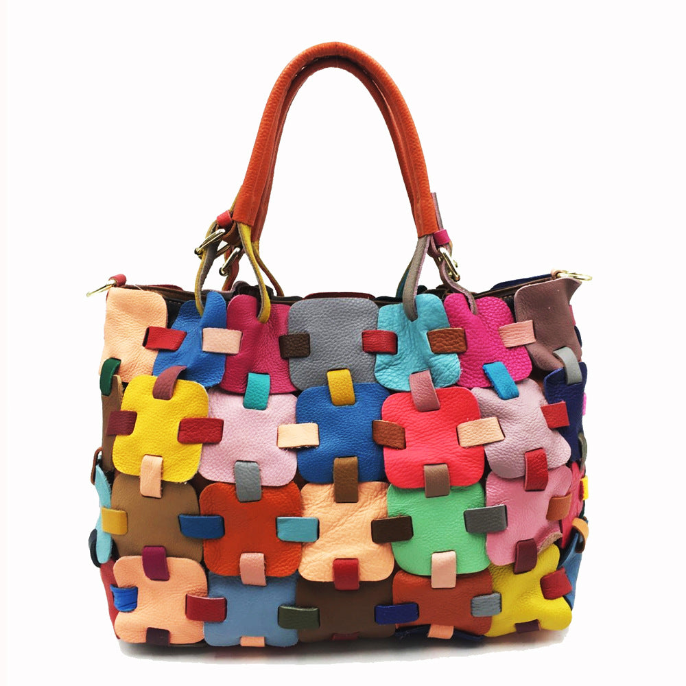 Fashion Women's Handmade Colorful Patchwork Square Handbag-彩色-Free Shipping Leatheretro