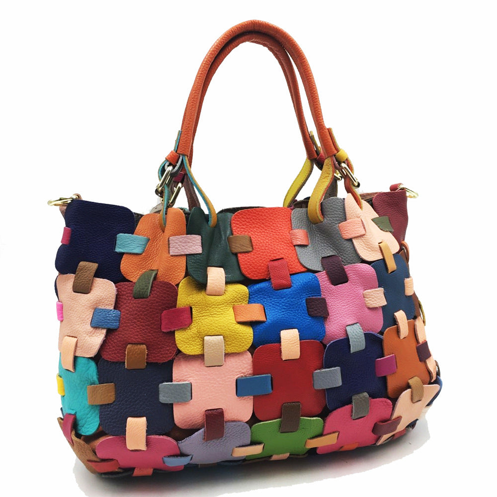 Fashion Women's Handmade Colorful Patchwork Square Handbag-彩色-Free Shipping Leatheretro