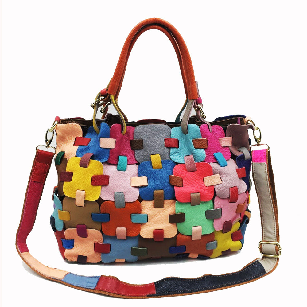 Fashion Women's Handmade Colorful Patchwork Square Handbag-彩色-Free Shipping Leatheretro