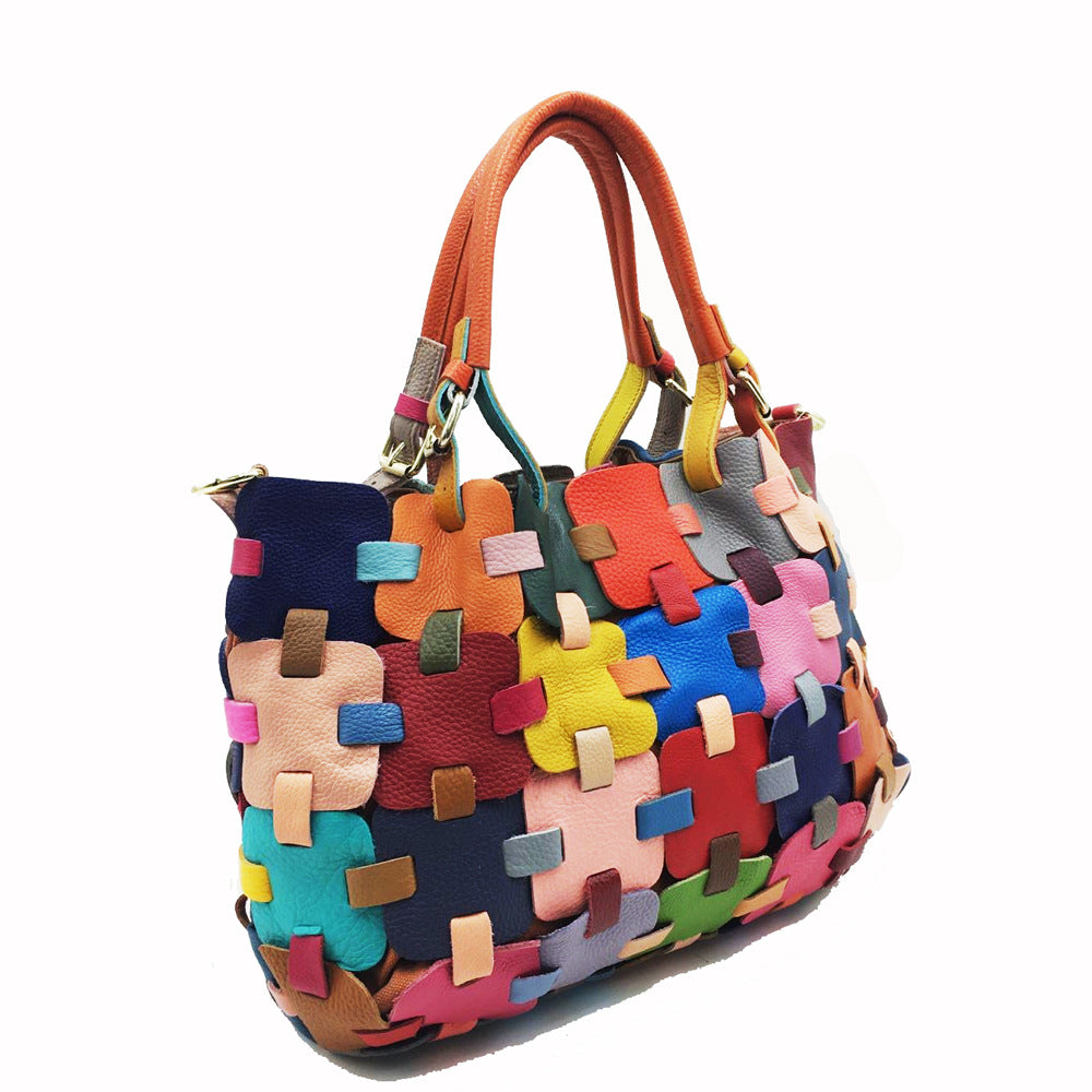 Fashion Women's Handmade Colorful Patchwork Square Handbag-彩色-Free Shipping Leatheretro