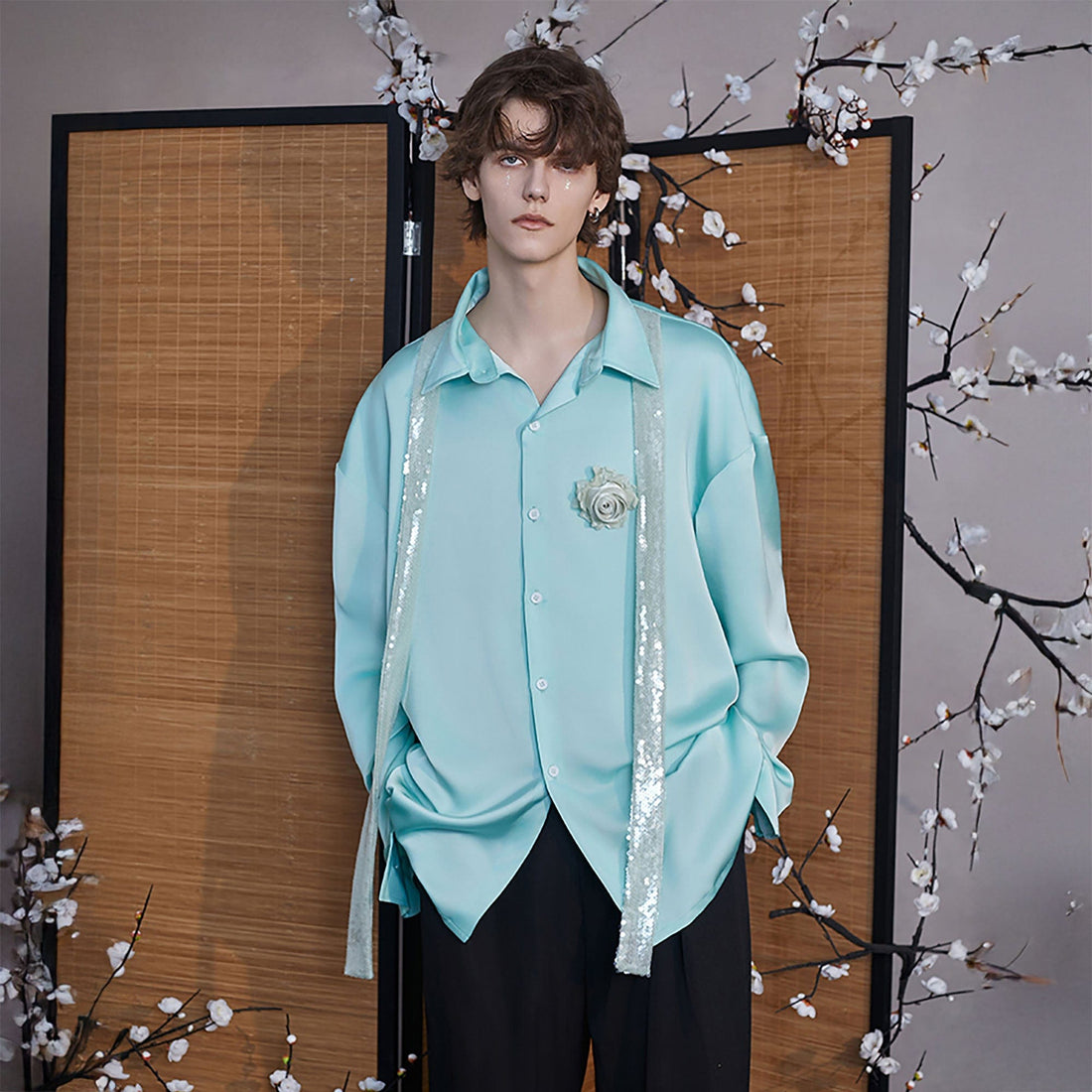 JIECHI Bloom Sequin-Draped Satin Shirt Aqua-Shirt-M-Free Shipping Leatheretro