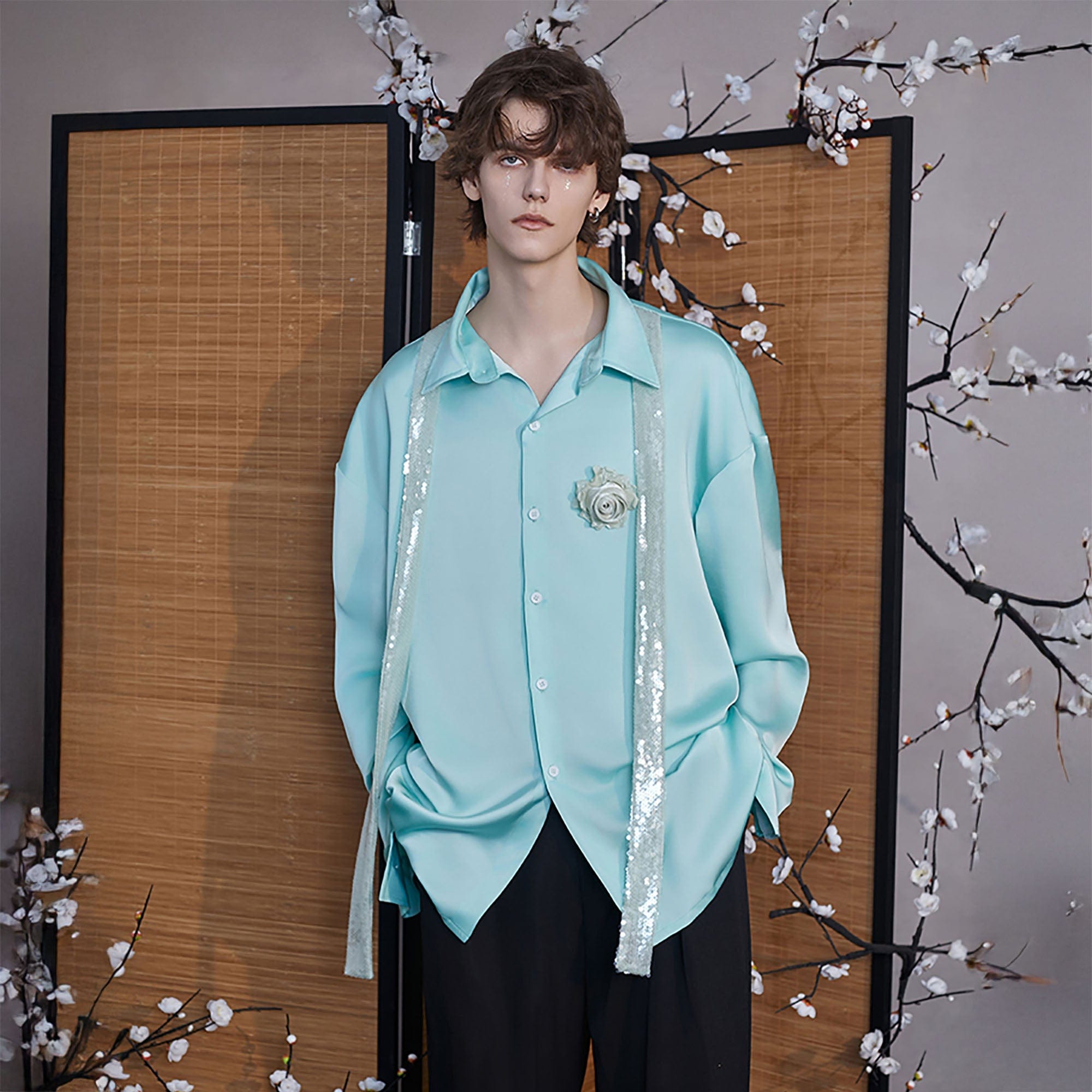 JIECHI Bloom Sequin-Draped Satin Shirt Aqua-Shirt-M-Free Shipping Leatheretro