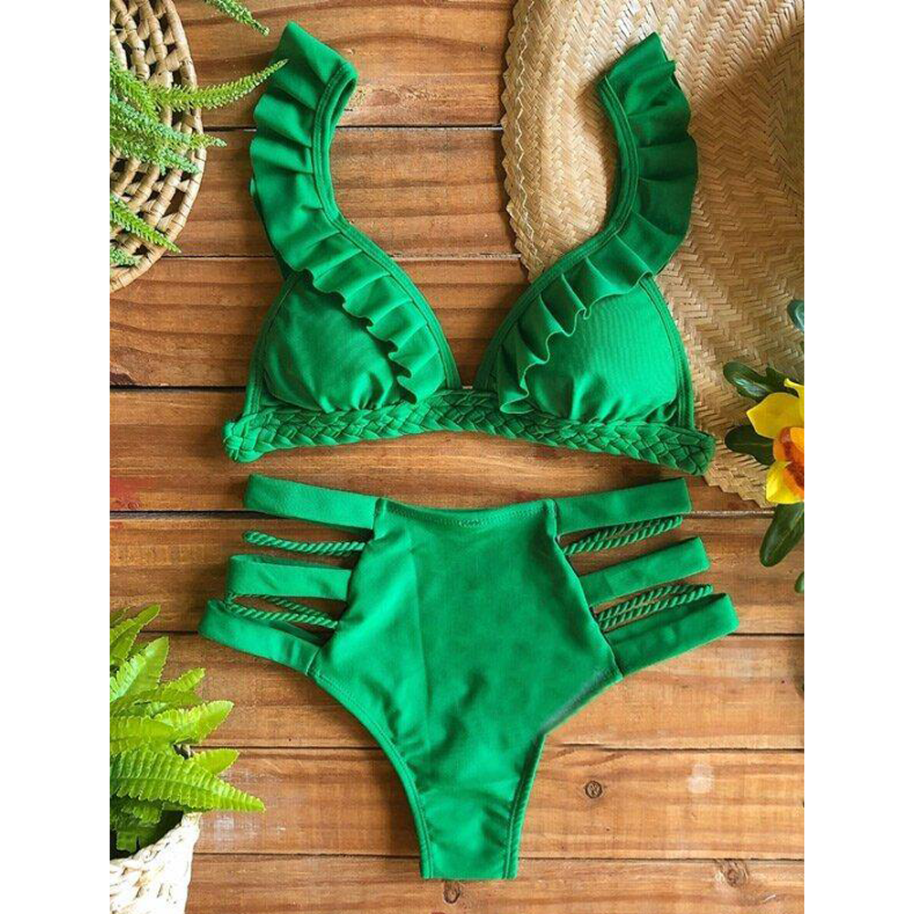 Green High-Waisted Hollow Bikini Swimwear-Women Swimwear-S-Free Shipping Leatheretro