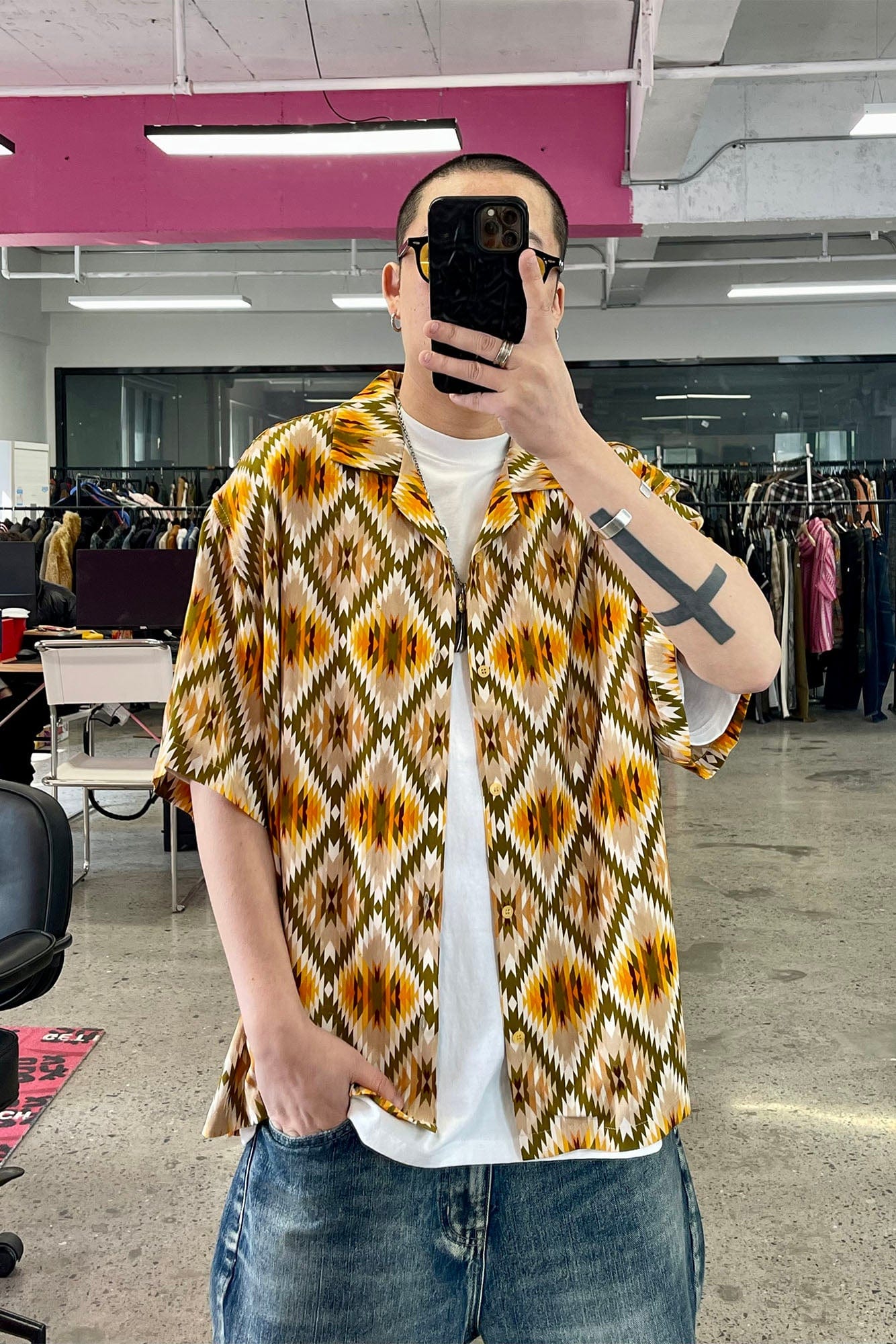 ME DA IGUAL Geometric Full-Print Button-Up Half Shirt-Half shirt-M-Free Shipping Leatheretro