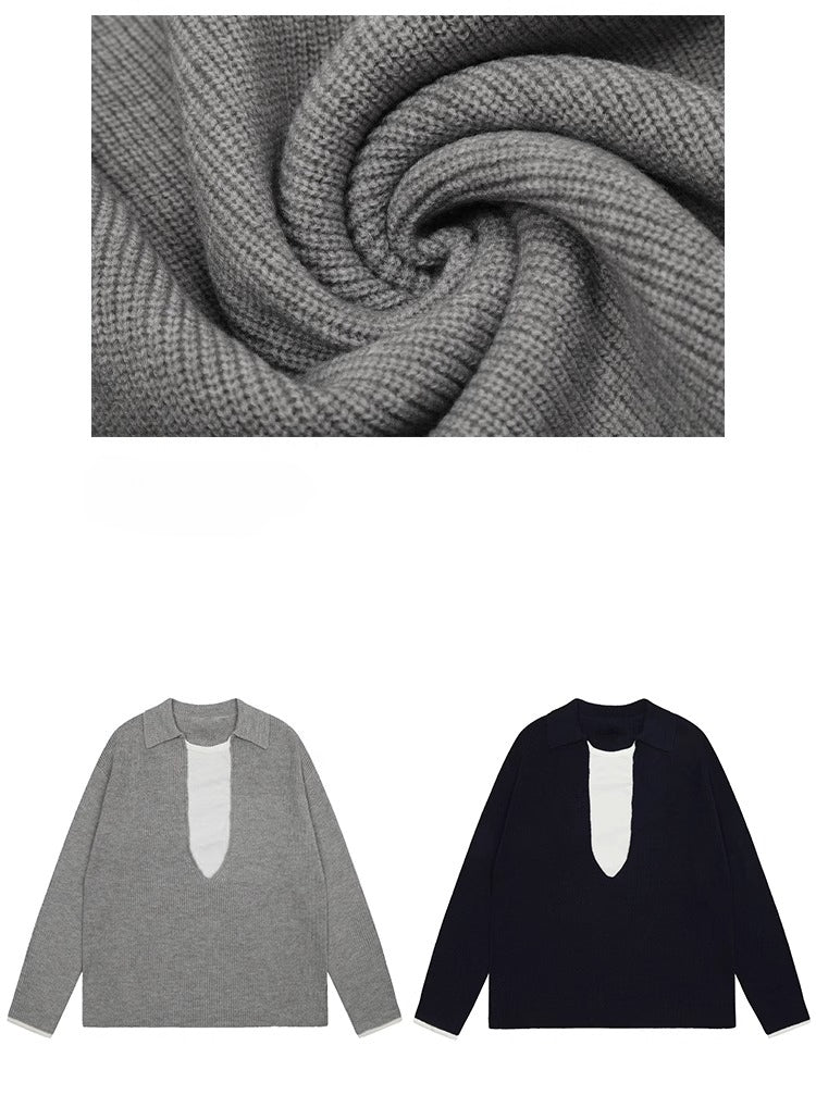 CLP Unisex Ash Black Navy Collar Knit Sweater-Gray-S-Free Shipping Leatheretro