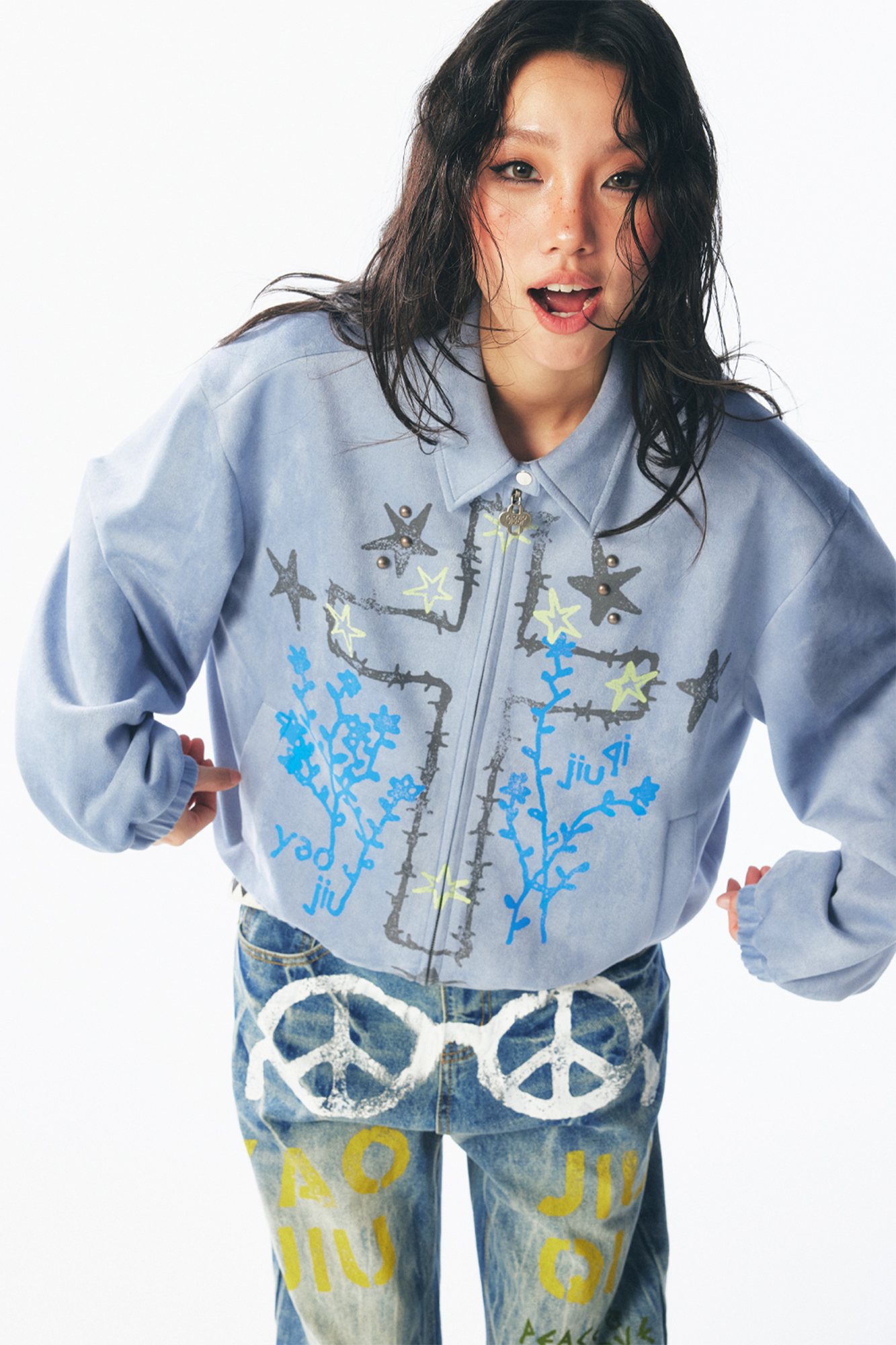 1997 POSTOFFICE Floral Cross Faux Suede Jacket-Jacket-S (Preorder)-Blue-Free Shipping Leatheretro