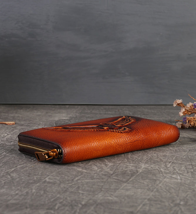 Full-Grain Leather Unisex Wallet - Multi-Card Slots, Eagle Design Spacious Design & Phone Pocket-Handbags, Wallets & Cases-Dark Brown-Free Shipping Leatheretro