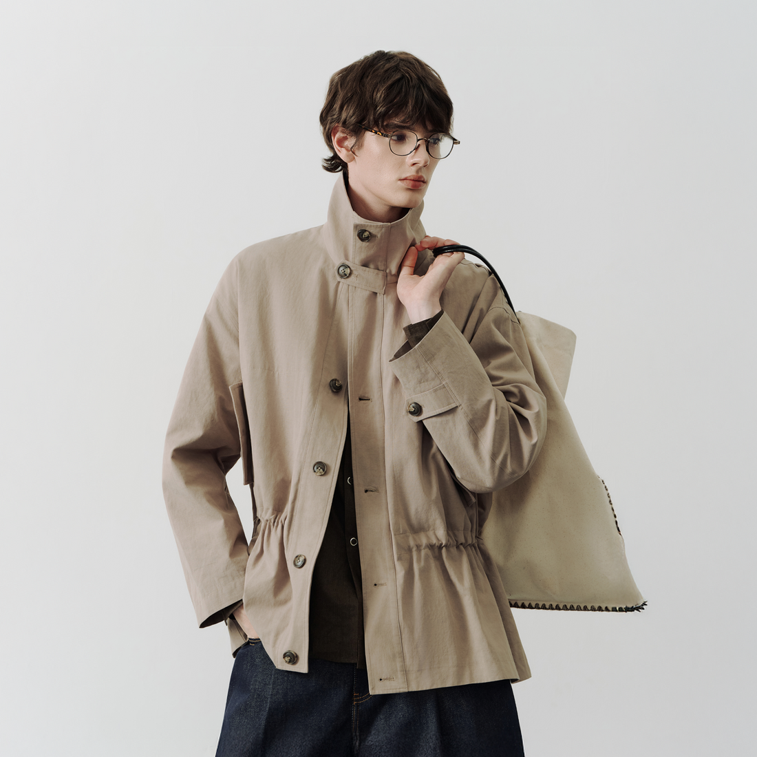 SAME FLOW Stand-Collar Drawstring-Waist Jacket-Jacket-S-Khaki-Free Shipping Leatheretro