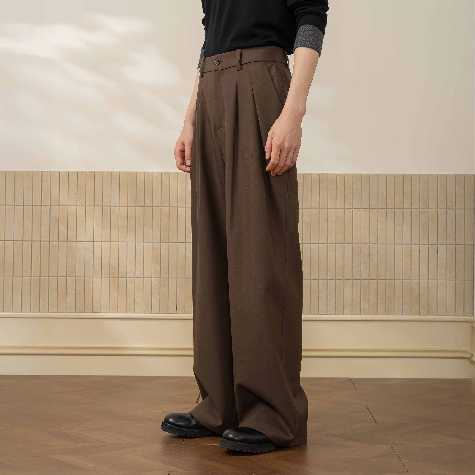 MOITIEDEPETALE Wool-Blended Pleats Trousers-Pants-XS-Coffee-Free Shipping Leatheretro