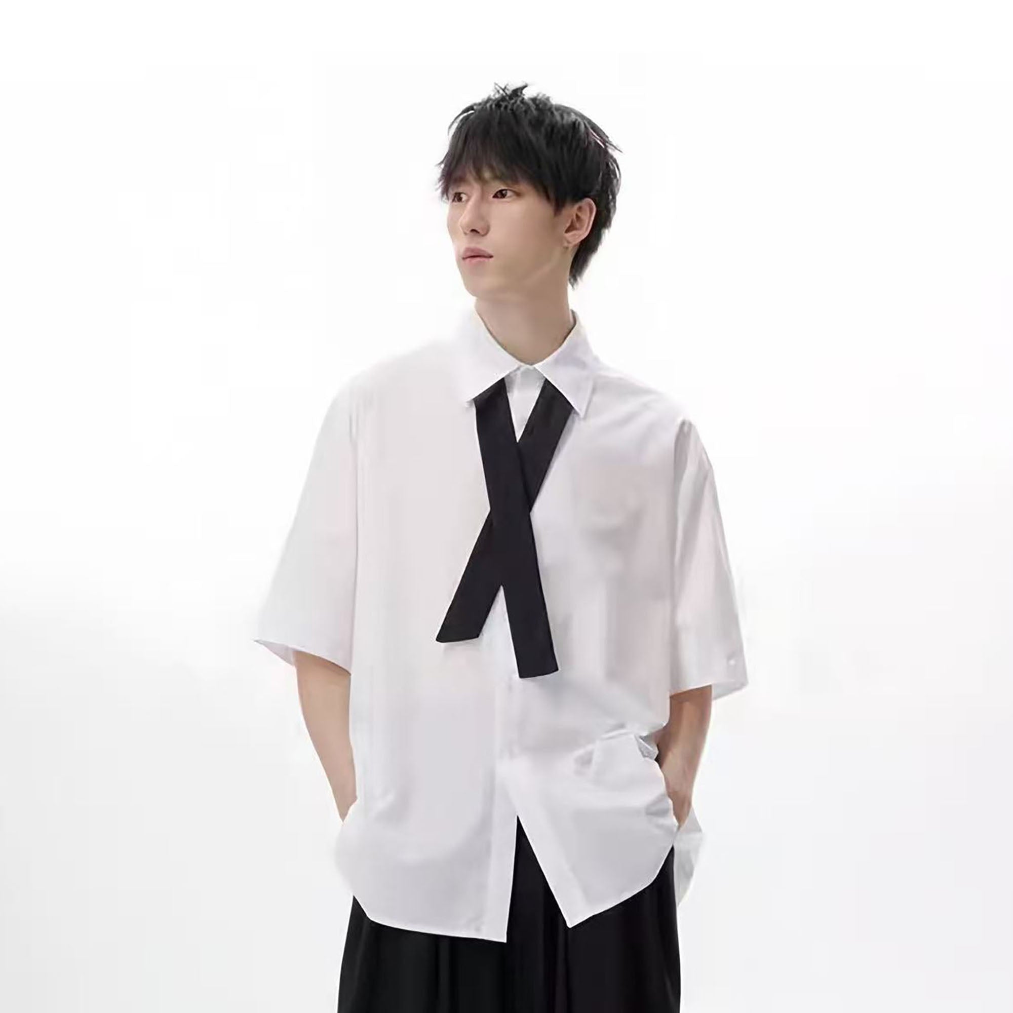 TUIMU Cross Tie Detachable Sleeve Shirt-Shirt-S-Blue-Free Shipping Leatheretro