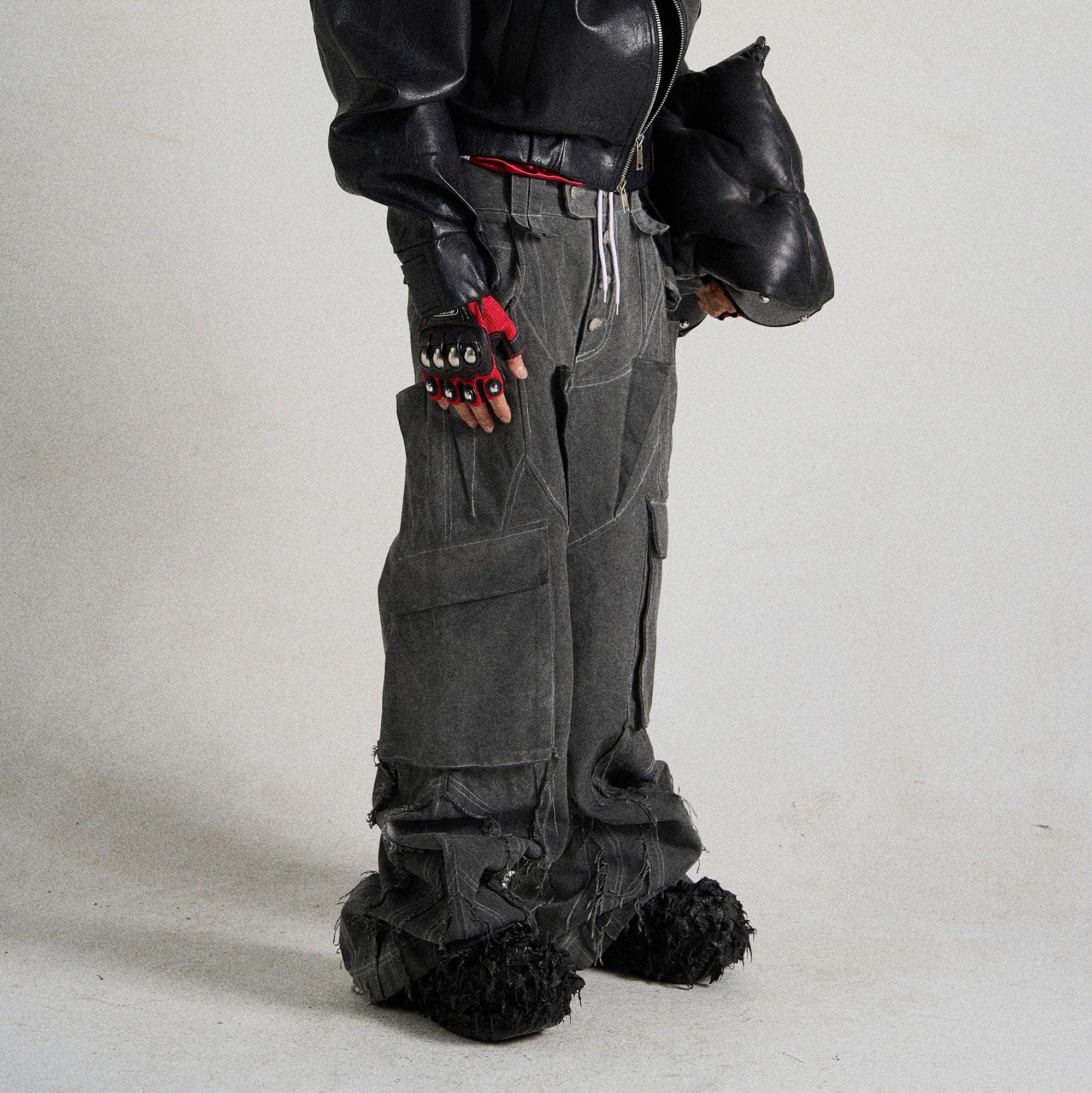 FLYERRER Deconstructed Multi-Pocket Frayed Cargo Pants-Pants-S-Free Shipping Leatheretro