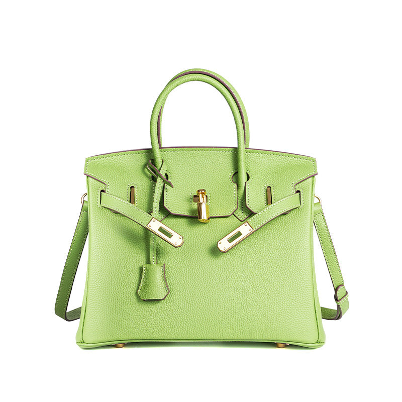 Luxury Genuine Top Grain Pebbled Leather Women's Handbag with Lock Closure-Handbags-elephant gray-35CM-Free Shipping Leatheretro