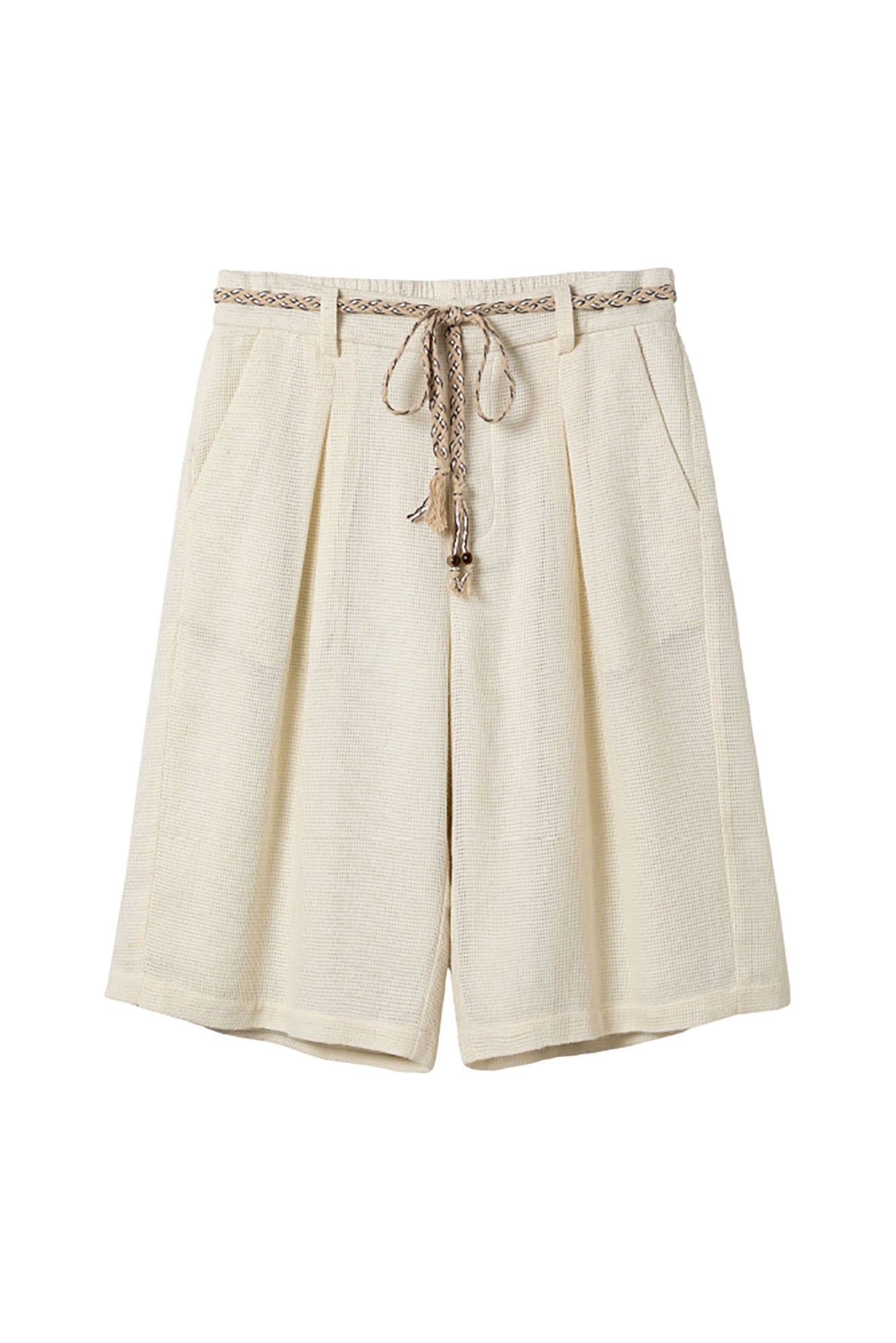 ALVNG AR ANTS Textured Mesh Pleated Braided Tassel Belt Shorts-Pants-S-Apricot-Free Shipping Leatheretro