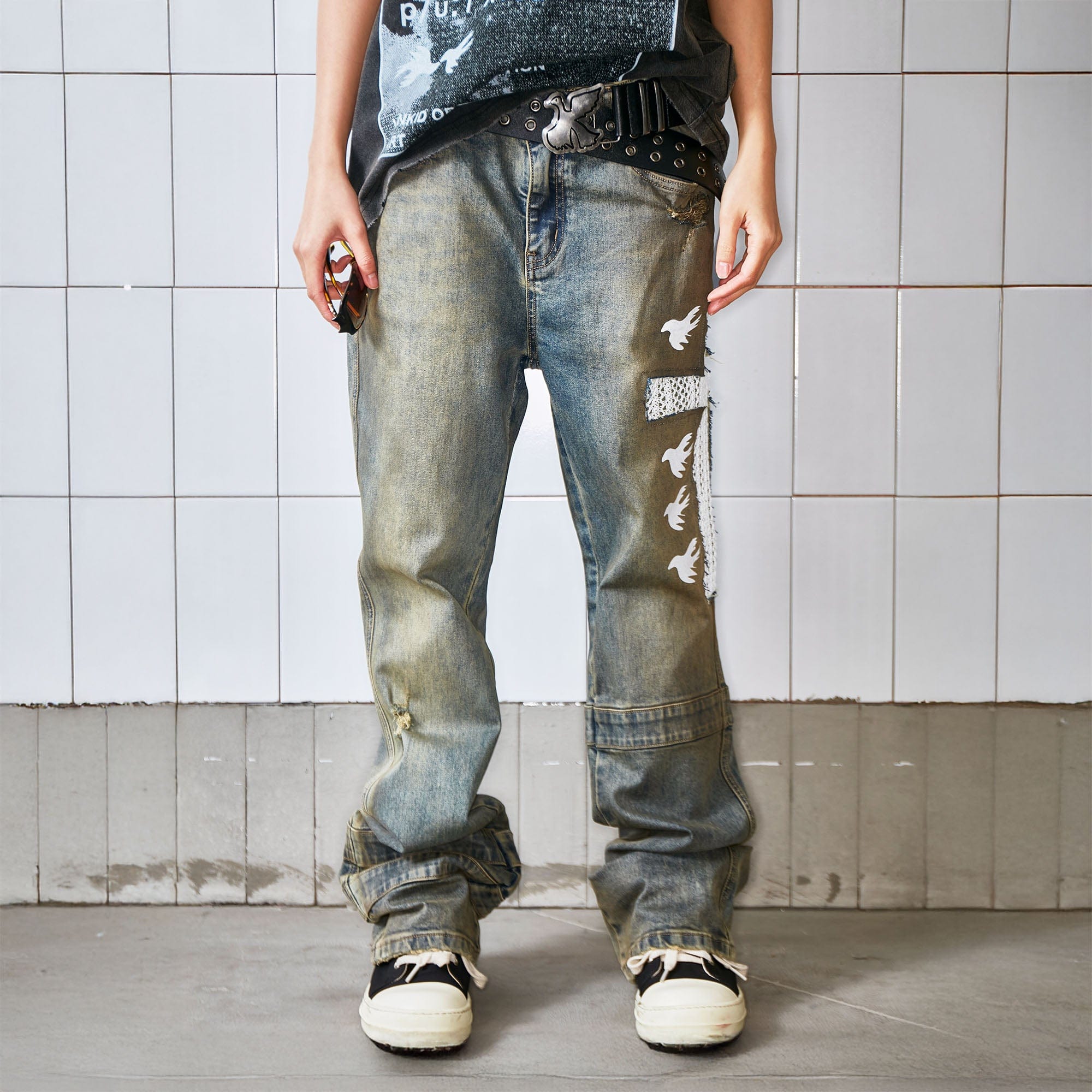 VINKID Cutout Cross & Peace Dove Patchwork Washed Jeans-Jeans-S-Free Shipping Leatheretro