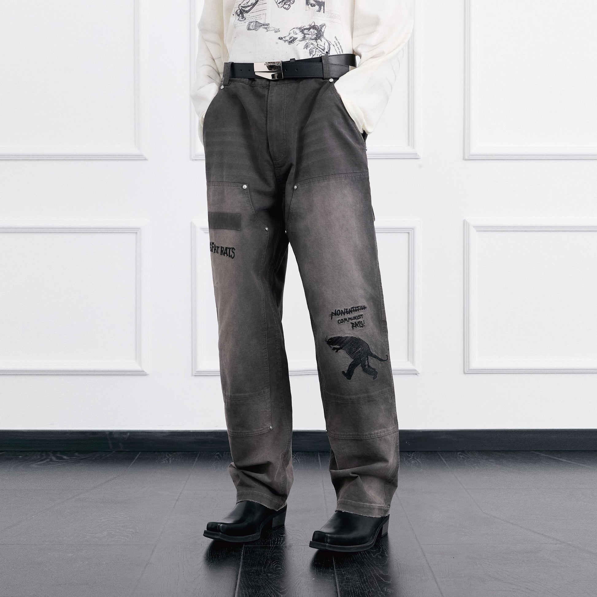 FACEONLAB Distressed Washed Double-Knee Pants-Pants-M-Free Shipping Leatheretro