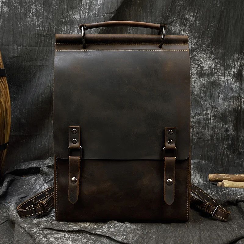 Vintage Crazy Horse Genuine Leather Backpack for Men & Women – A4 School & Laptop Daypack Rucksack-Backpacks-Brown-Free Shipping Leatheretro