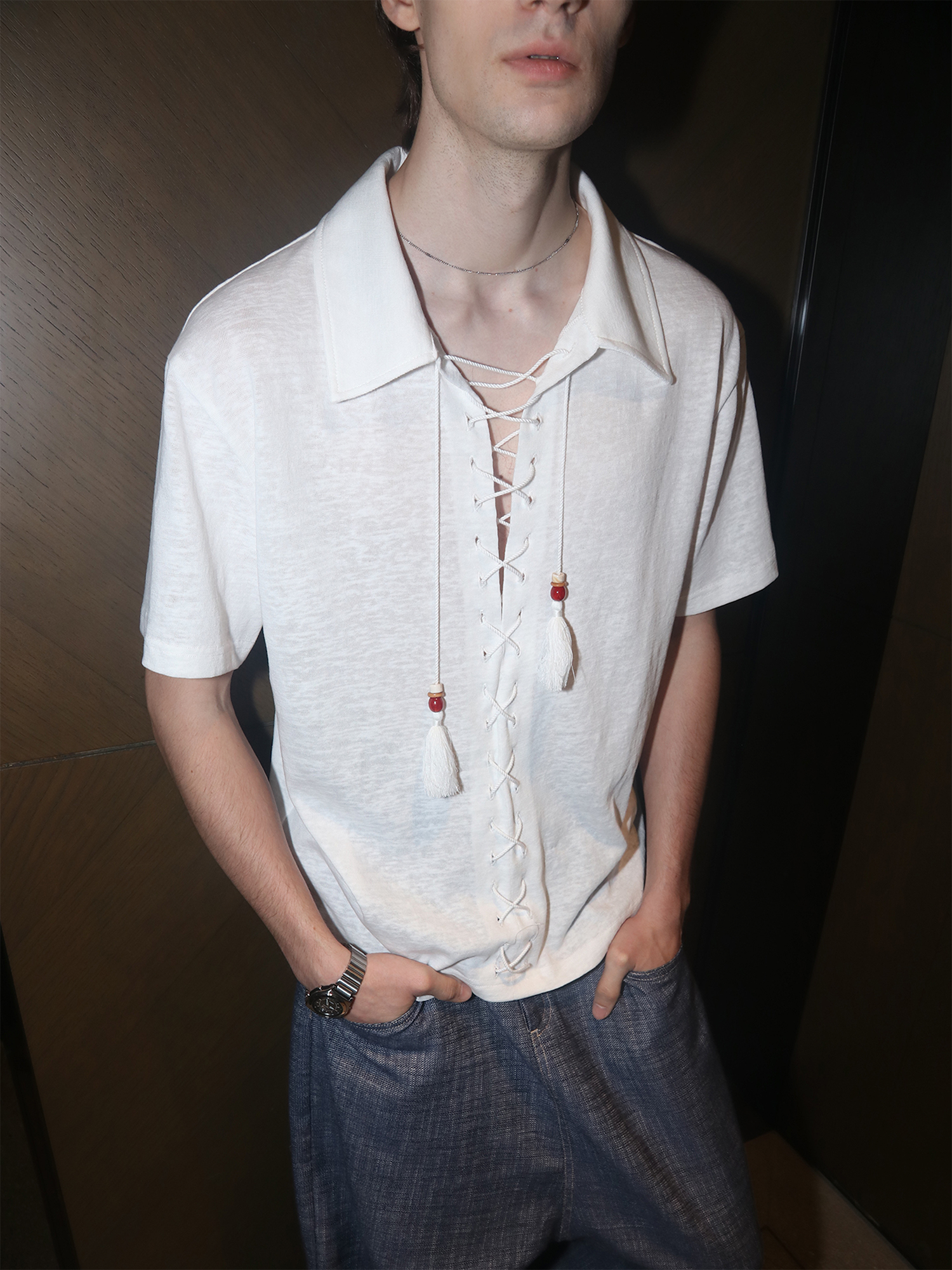 ASSEEN Tassel Lace-Up Short-Sleeve Polo Tee-T Shirt-S-Free Shipping Leatheretro