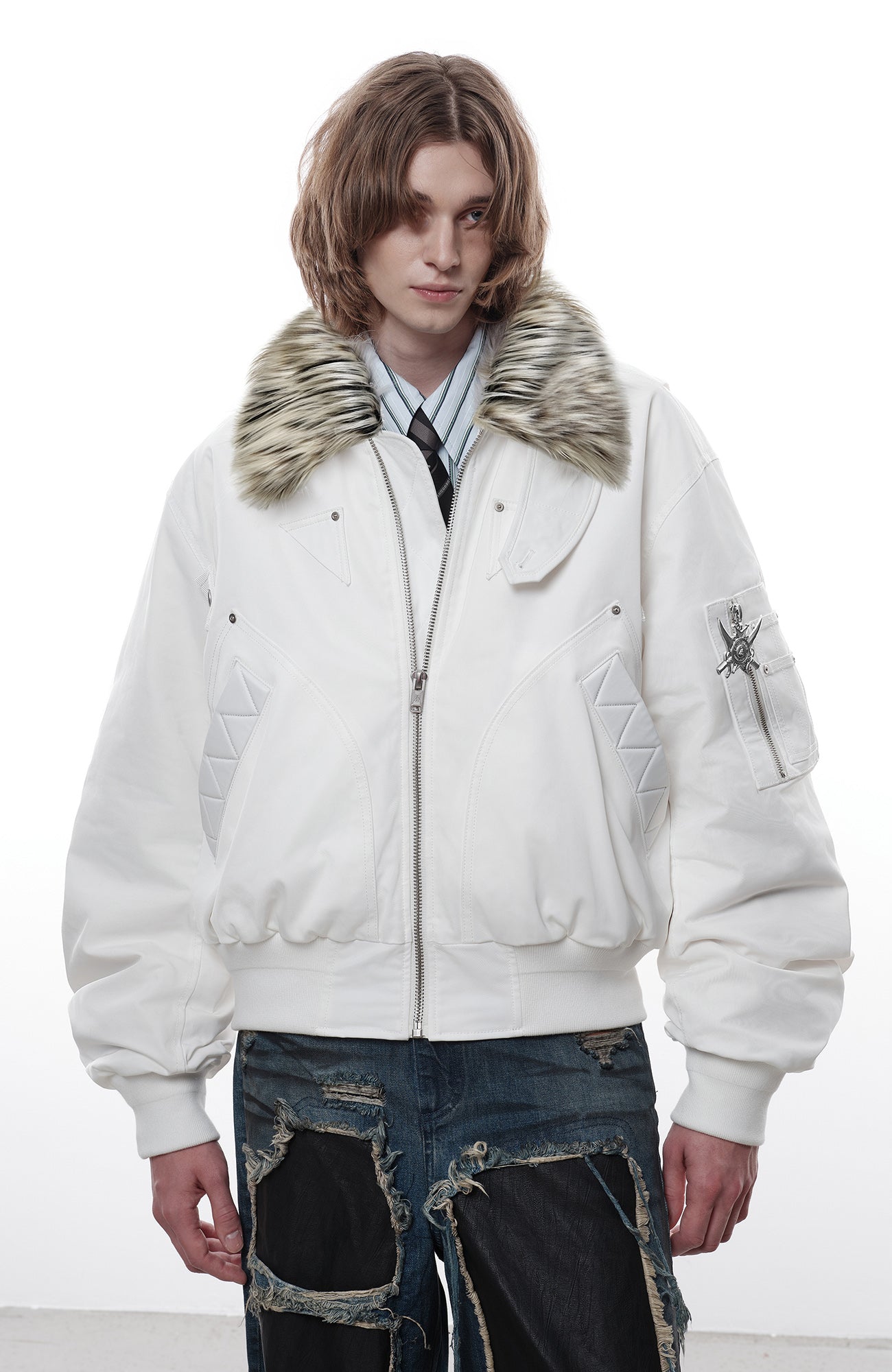 FACEONLAB Faux Fur Collar Utility Bomber Jacket-Jacket-M-Free Shipping Leatheretro