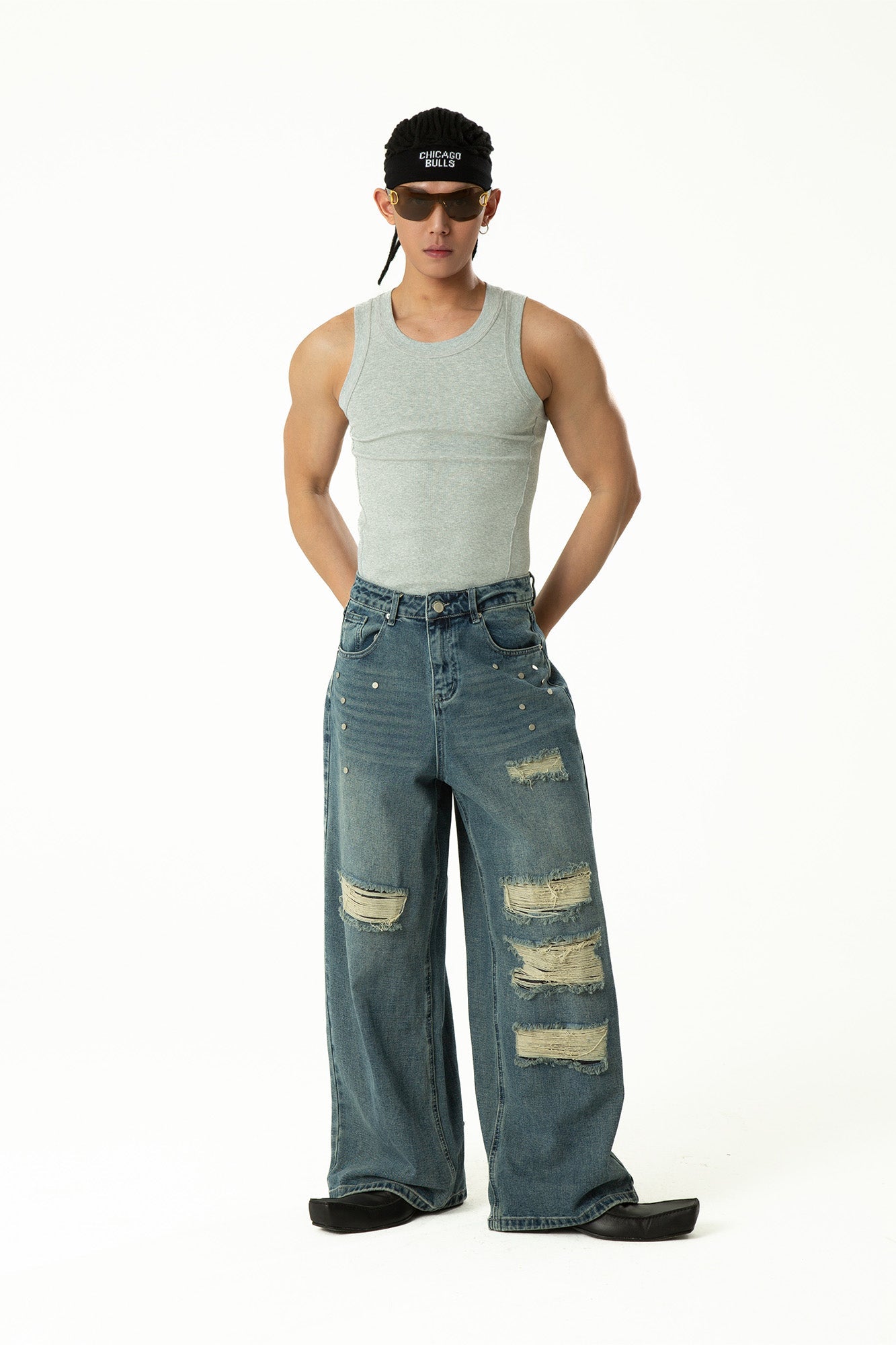 CLP Retro Washed Distressed Rivet Jeans-Jeans-M-Free Shipping Leatheretro
