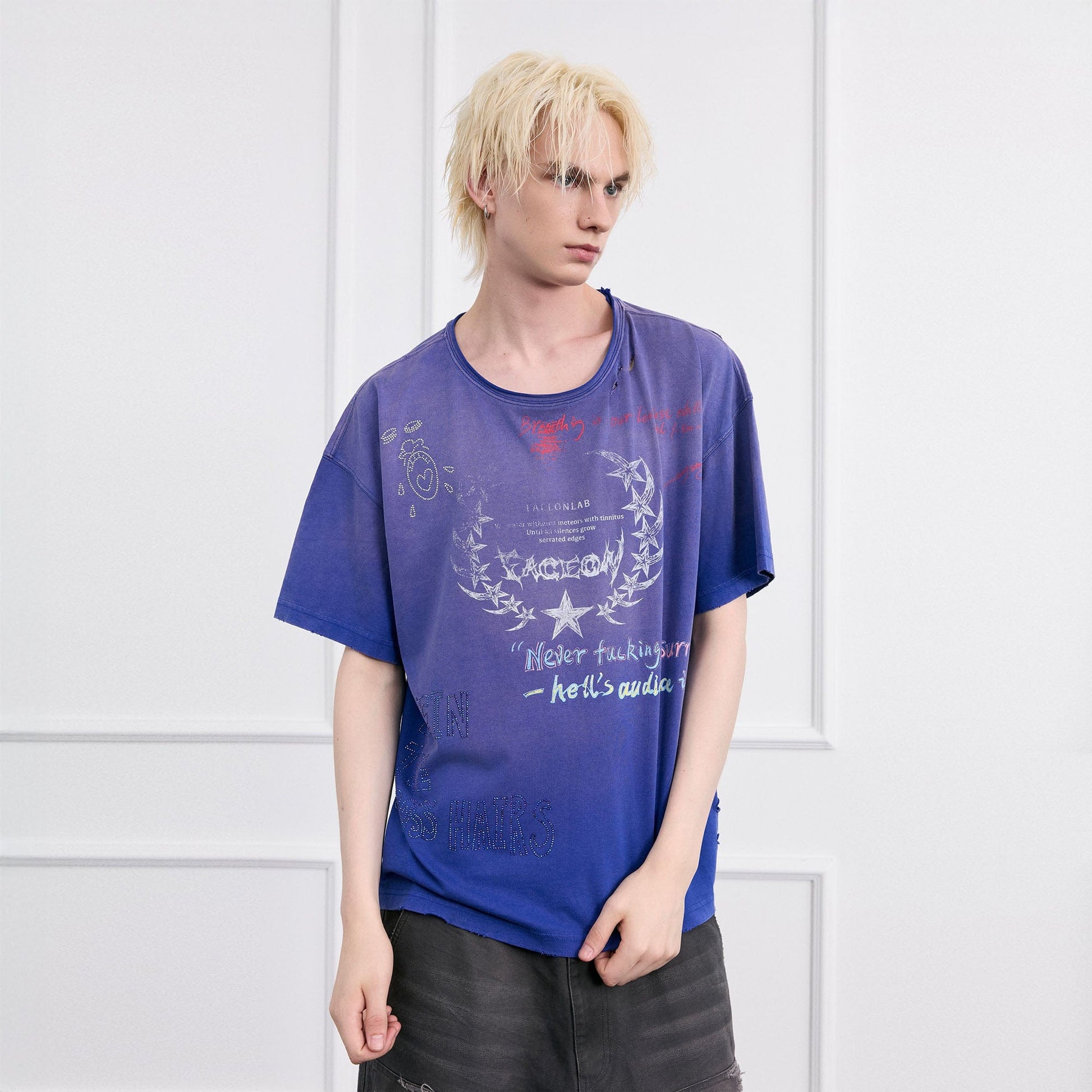 FACEONLAB Punk Graffiti Diamond Distressed T-Shirt-T Shirt-M-Blue-Free Shipping Leatheretro