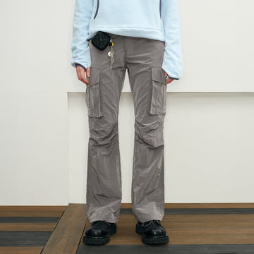 KREATE Liquid Metal Crinkled Flared Cargo-Pants-S-Grey-Free Shipping Leatheretro