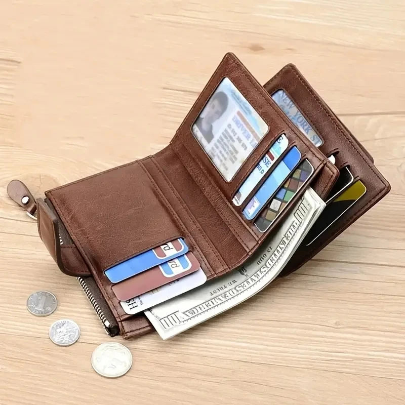 RFID Anti-theft Zipper Coin Wallet - Man Business Card Holder-Wallets & Money Clips-Black-Free Shipping Leatheretro