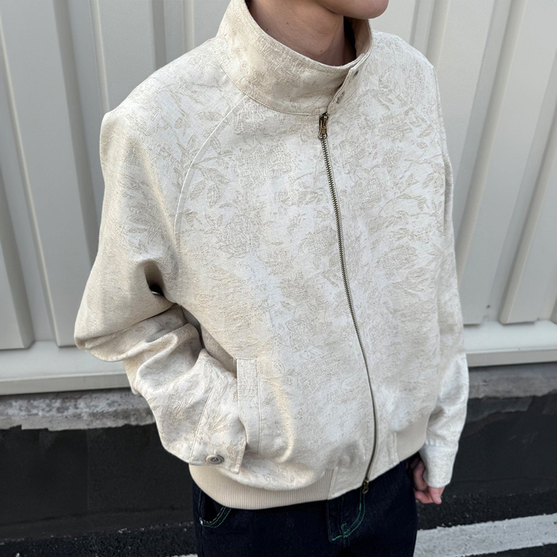 KREATE Jacquard Spider Lily Stand-Collar Wellington Jacket-Jacket-S-Beige-Free Shipping Leatheretro