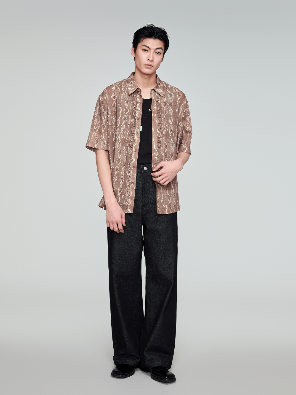 OPICLOTH Retro Woodgrain Full-Print Ruffle Half Shirt-Half shirt-XS-Free Shipping Leatheretro