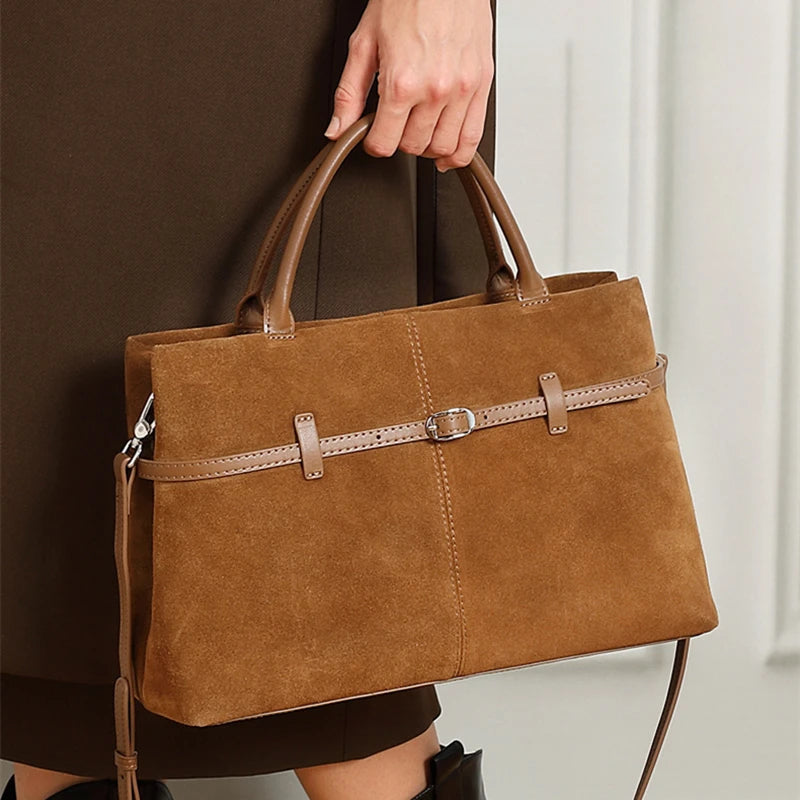 Suede Cowhide Genuine Leather Tote Handbags - Women Luxury Crossbody Bag-Handbags-Black-Free Shipping Leatheretro