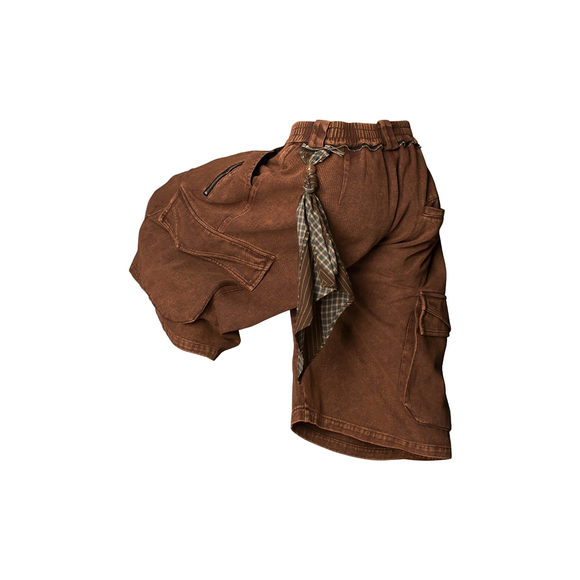 RELABEL Detachable Scarf Washed Multi-Pocket Wide-Leg Shorts Brown-Shorts-XS-Free Shipping Leatheretro