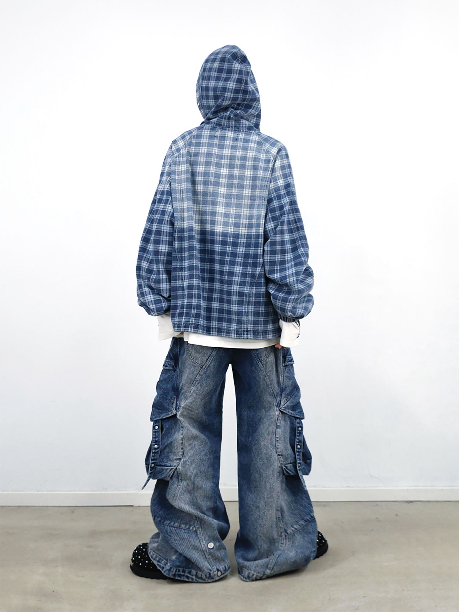 RELABEL Plaid Rivet Paneled Faded Hoodie-Hoodie-XS-Free Shipping Leatheretro