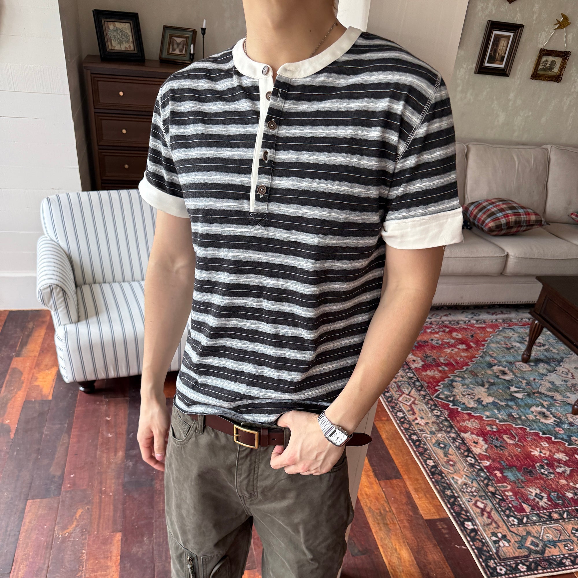 TRECLUB Stripe Henley T-Shirt-T Shirt-S (preorder)-Gray-Free Shipping Leatheretro