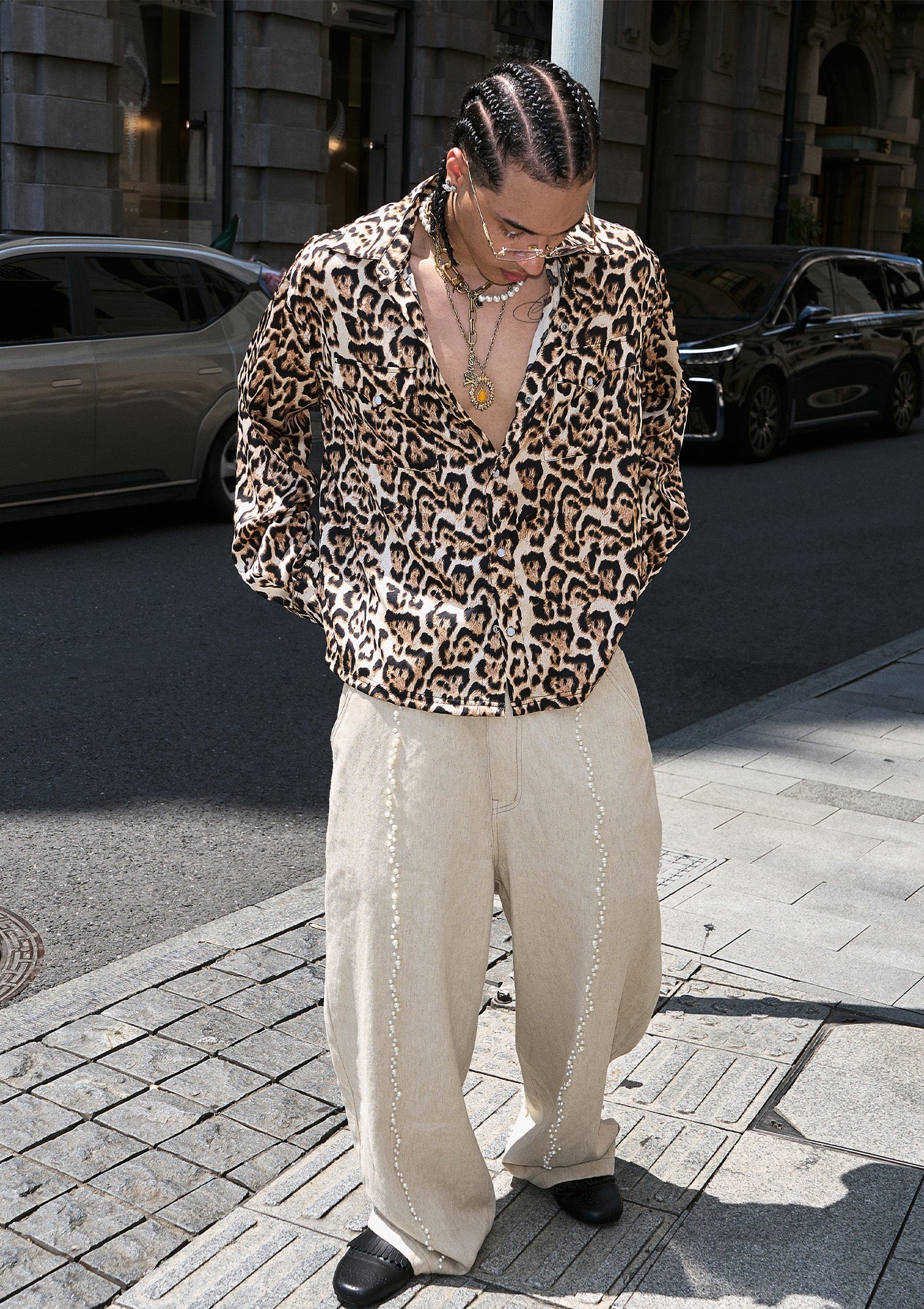 STEEPC Leopard Pearl Embellished Boxy Shirt-Shirt-S (1)-Free Shipping Leatheretro