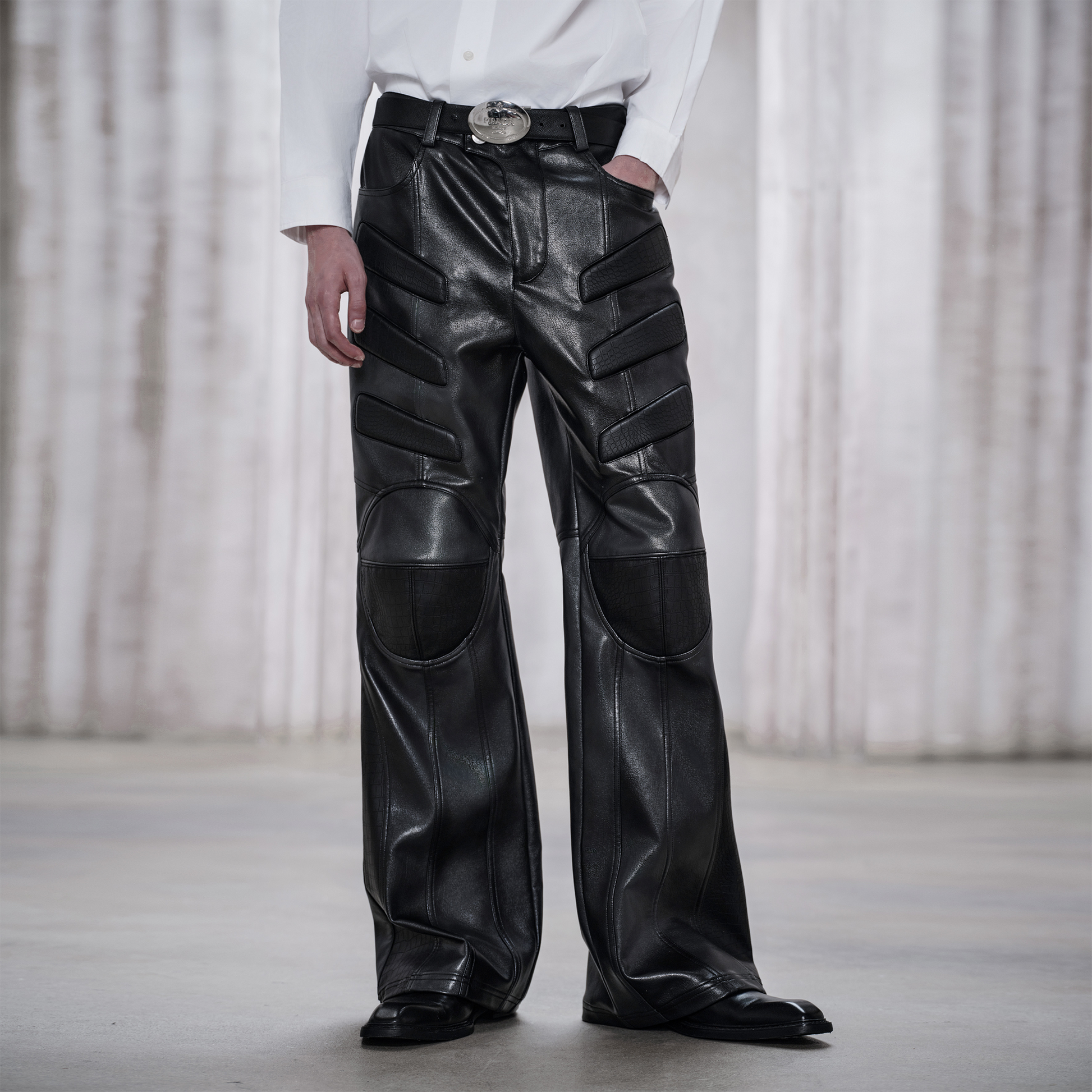 FACEONLAB Panel Armored Faux Leather Biker Pants Black-Pants-M (Preorder)-Free Shipping Leatheretro