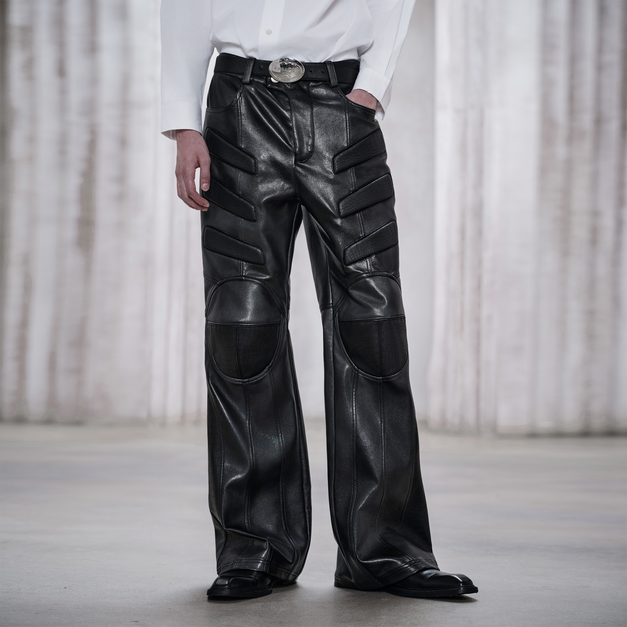 FACEONLAB Panel Armored Faux Leather Biker Pants Black-Pants-M (Preorder)-Free Shipping Leatheretro