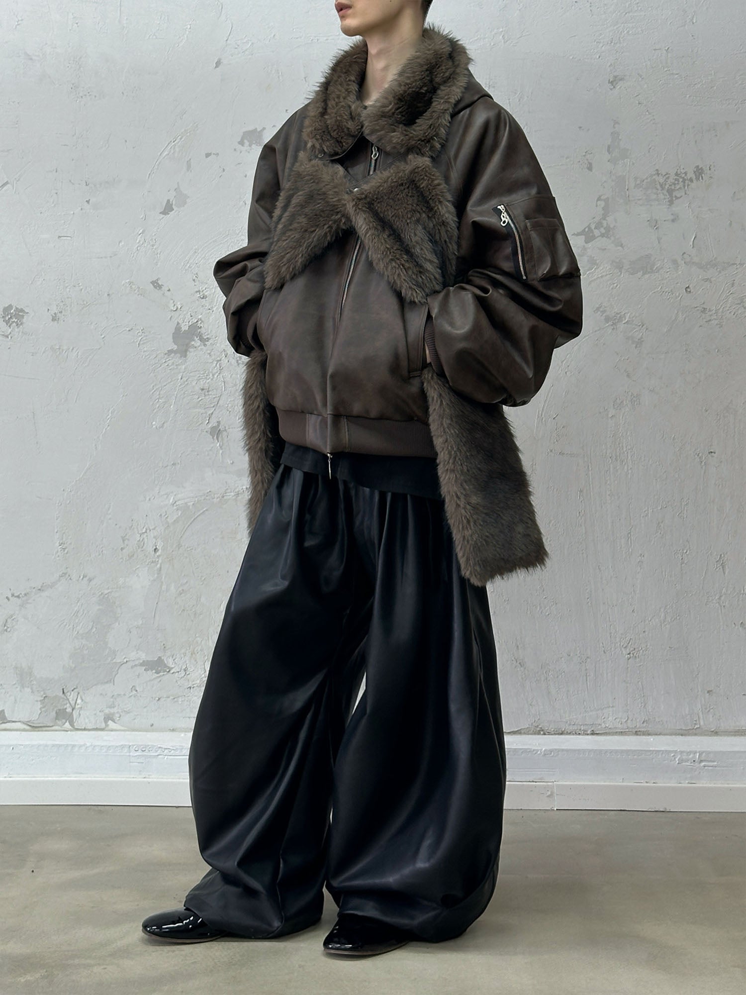 RELABEL Detachable Plush Scarf Ruched Hooded Jacket Brown-Jacket-XS (Preorder)-Free Shipping Leatheretro