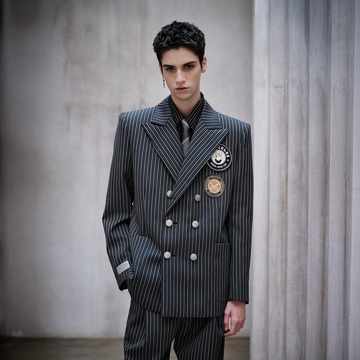 FACEONLAB Stripe Badge-Patch Double-Breasted Jacket-Jacket-M-Free Shipping Leatheretro