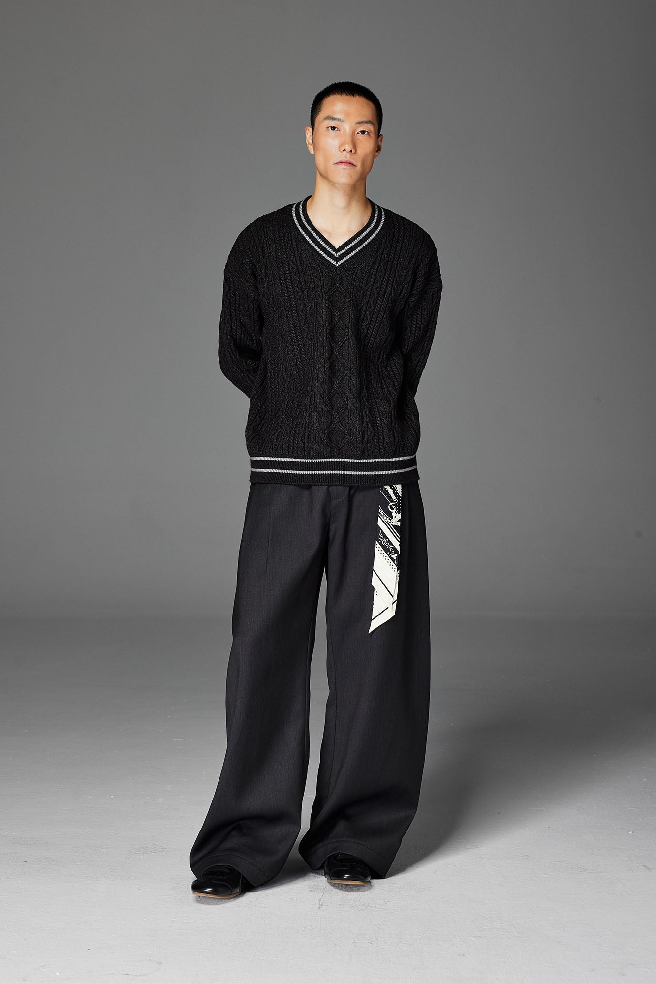 CATSSTAC Varsity V-Neck Cable-Knit Sweater-Sweater-S-Dark Gray-Free Shipping Leatheretro