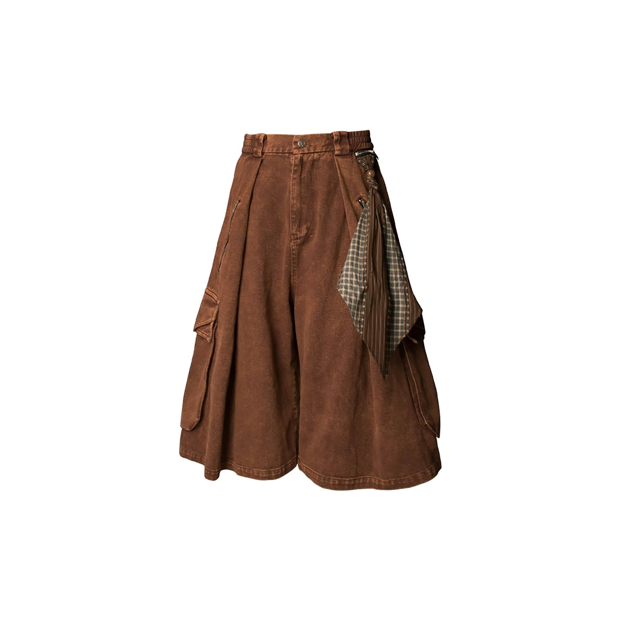 RELABEL Detachable Scarf Washed Multi-Pocket Wide-Leg Shorts-Shorts-XS-Green-Free Shipping Leatheretro