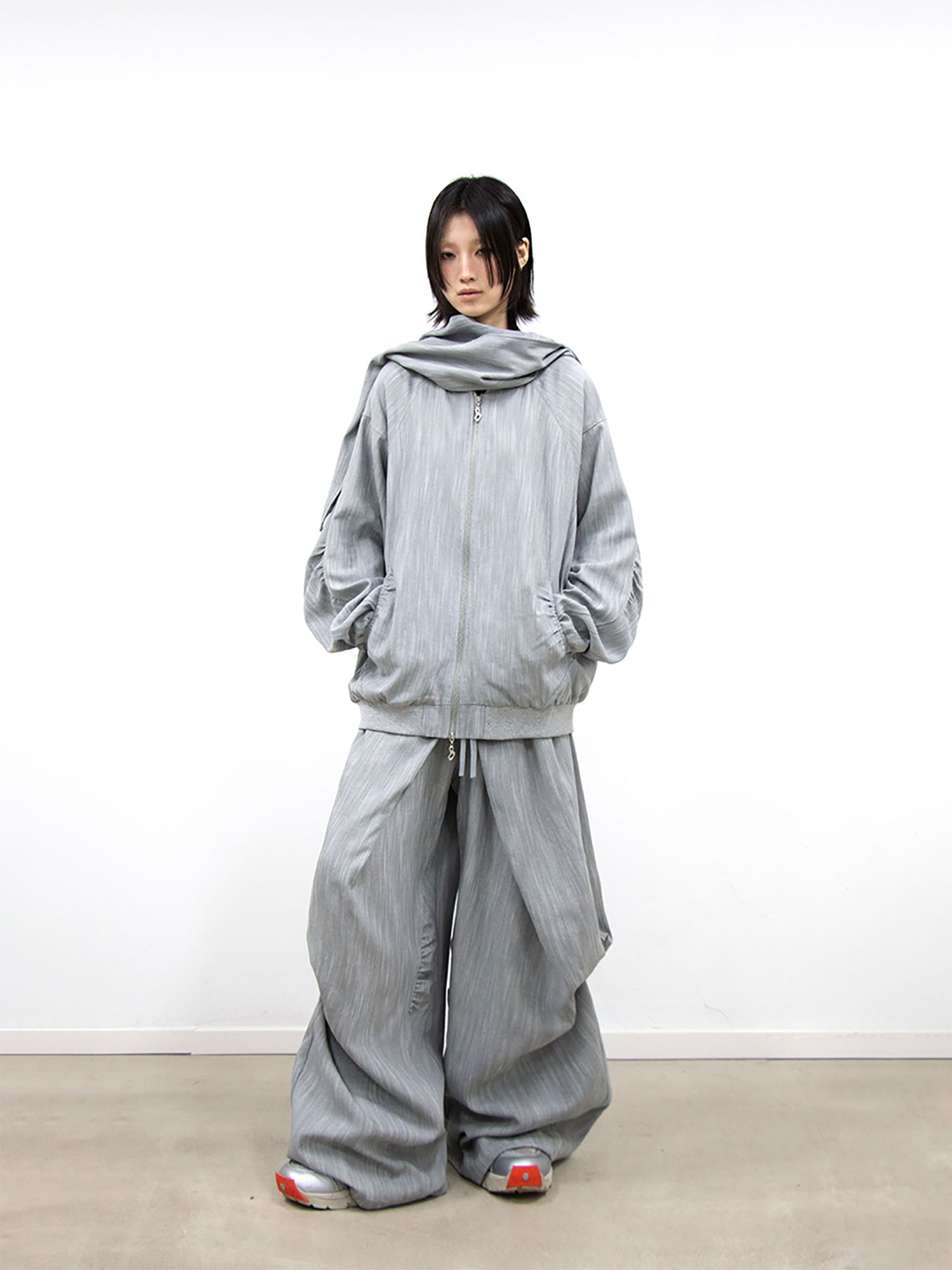 RELABEL Detachable Hood Crinkled Oversized Jacket Gray-Jacket-XS-Free Shipping Leatheretro